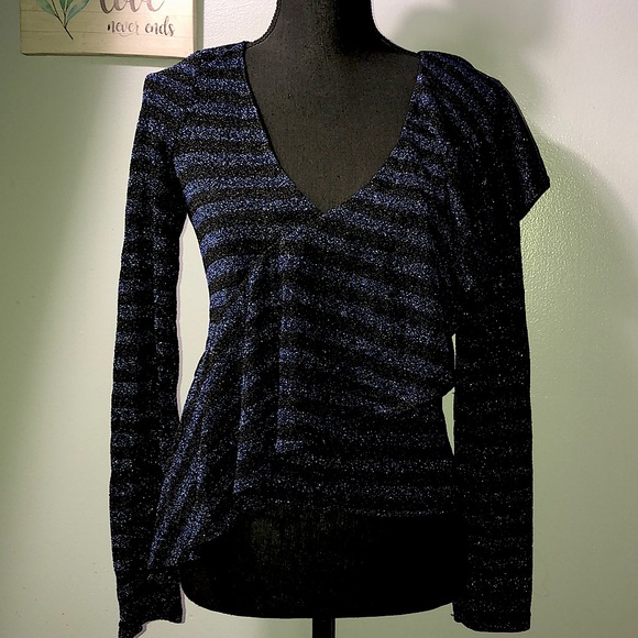 Zara Tops - ZARA Blue Black Striped Top Front Frill Long Sleeve V-Neck New (RT$39) Small